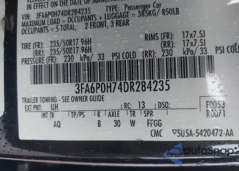 2013 Ford Fusion Se из США, поврежденный, VIN 3FA6P0H74DR284235